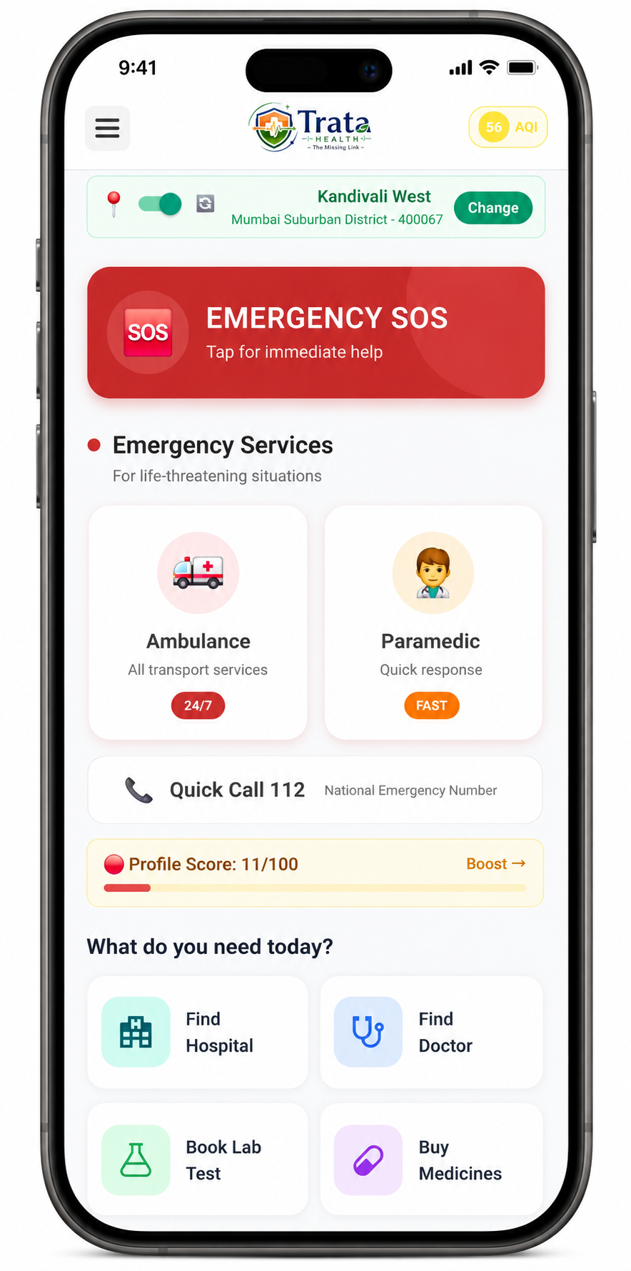 Trata Health emergency SOS app screen